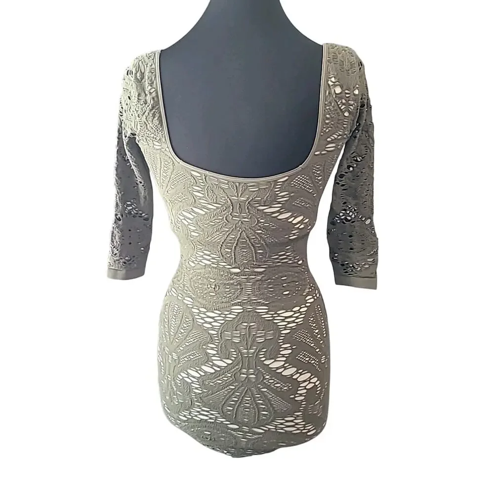 Free People Intimately Green Crochet Long Sleeve Bodycon Mini Dress XS Romantic
